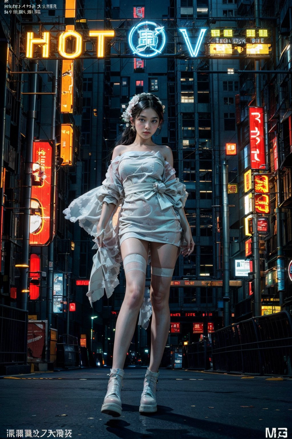 (masterpiece, best quality:1.2), 
1girl, 
(Dynamic pose:0.8), 
(solo:1.5), 
(cowboy shot:1.2), 
(from down top:0.8),
(thigh:0.4), 



cyberpunk, science fiction, city, neon lights, night, building, strapless, hologram, skyscraper, boots, long hair, cityscape, thighhighs, sky, black hair, scenery, white footwear,
(wedding kimono dress:1.3),

(wind:1.4), 
(magazine cover title:1.2), 
(red background:0.7),






