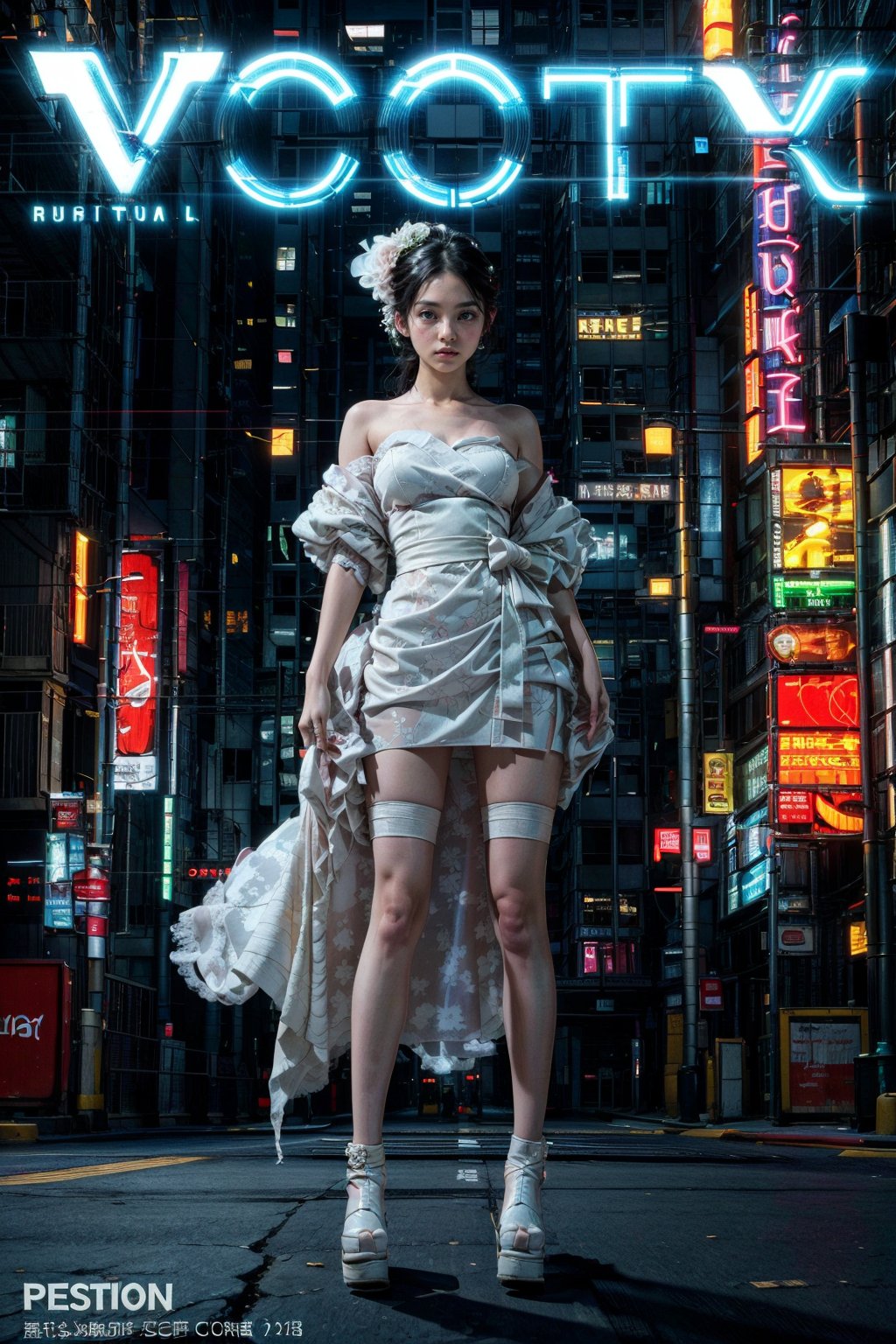 (masterpiece, best quality:1.2), 
1girl, 
(Dynamic pose:0.8), 
(solo:1.5), 
(cowboy shot:1.2), 
(from down top:0.8),
(thigh:0.4), 



cyberpunk, science fiction, city, neon lights, night, building, strapless, hologram, skyscraper, boots, long hair, cityscape, thighhighs, sky, black hair, scenery, white footwear,
(wedding kimono dress:1.3),

(wind:1.4), 
(magazine cover title:1.2), 
(red background:0.7),






