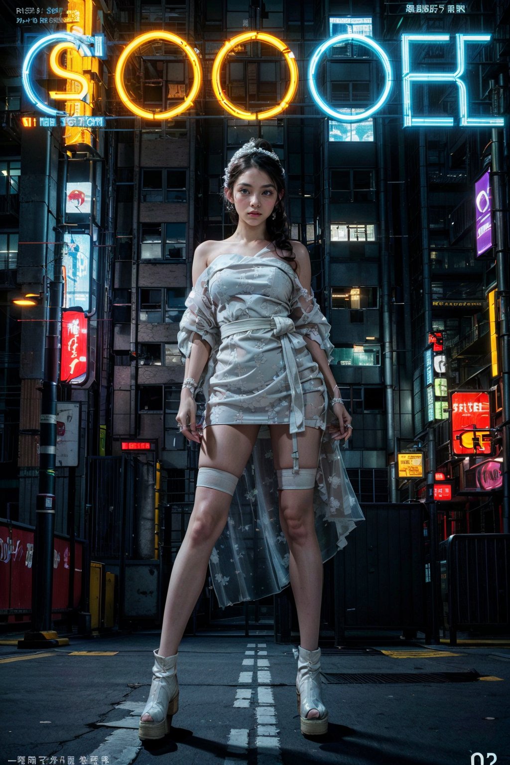 (masterpiece, best quality:1.2), 
1girl, 
(Dynamic pose:0.8), 
(solo:1.5), 
(cowboy shot:1.2), 
(from down top:0.8),
(thigh:0.4), 



cyberpunk, science fiction, city, neon lights, night, building, strapless, hologram, skyscraper, boots, long hair, cityscape, thighhighs, sky, black hair, scenery, white footwear,
(wedding kimono dress:1.3),

(wind:1.4), 
(magazine cover title:1.2), 
(red background:0.7),






