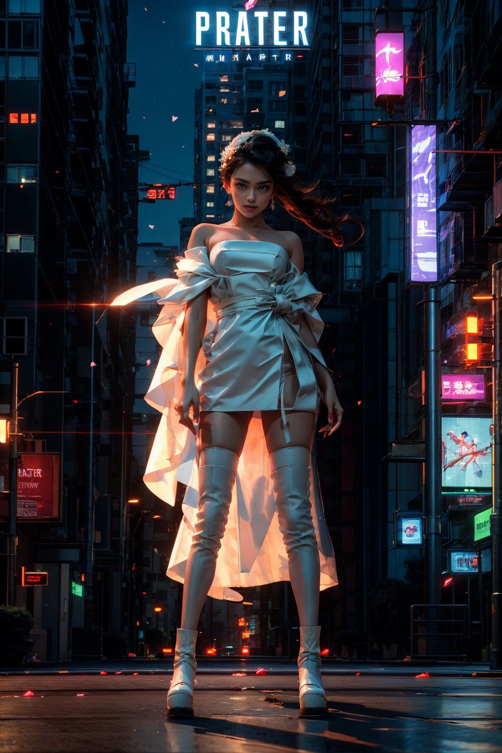 (masterpiece, best quality:1.2), 
1girl, 
(Dynamic pose:0.8), 
(solo:1.5), 
(cowboy shot:1.2), 
(from down top:0.8),
(thigh:0.4), 



cyberpunk, science fiction, city, neon lights, night, building, strapless, hologram, skyscraper, boots, long hair, cityscape, thighhighs, sky, black hair, scenery, white footwear,
(wedding kimono dress:1.3),

(wind:1.4), 
(magazine cover title:1.2), 
(red background:0.7),






,r1ge