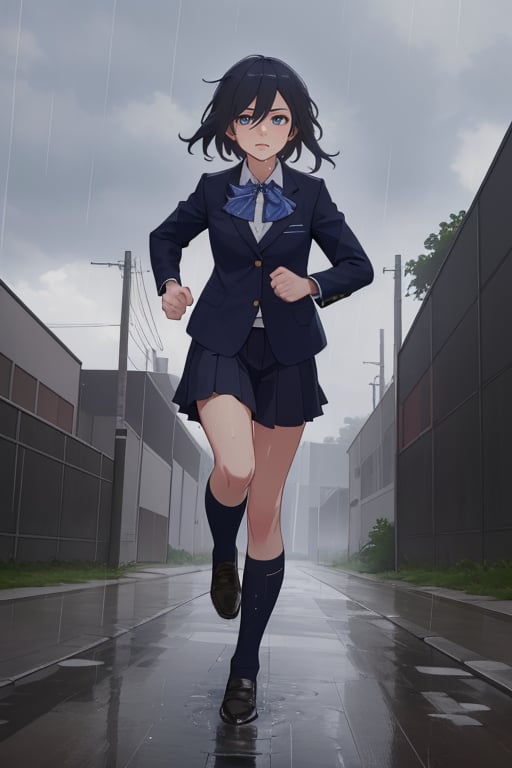 ((masterpiece,best quality, detailed)), ultra-detailed, detailed hair, hard rim lighting,((dramatic lighting)),sharp focus,full body,father,2_girls,,girl in school uniform, another in business_suit,running,see-through, rain,wet, shoes, wet clothes, black hair, sky,fu hua