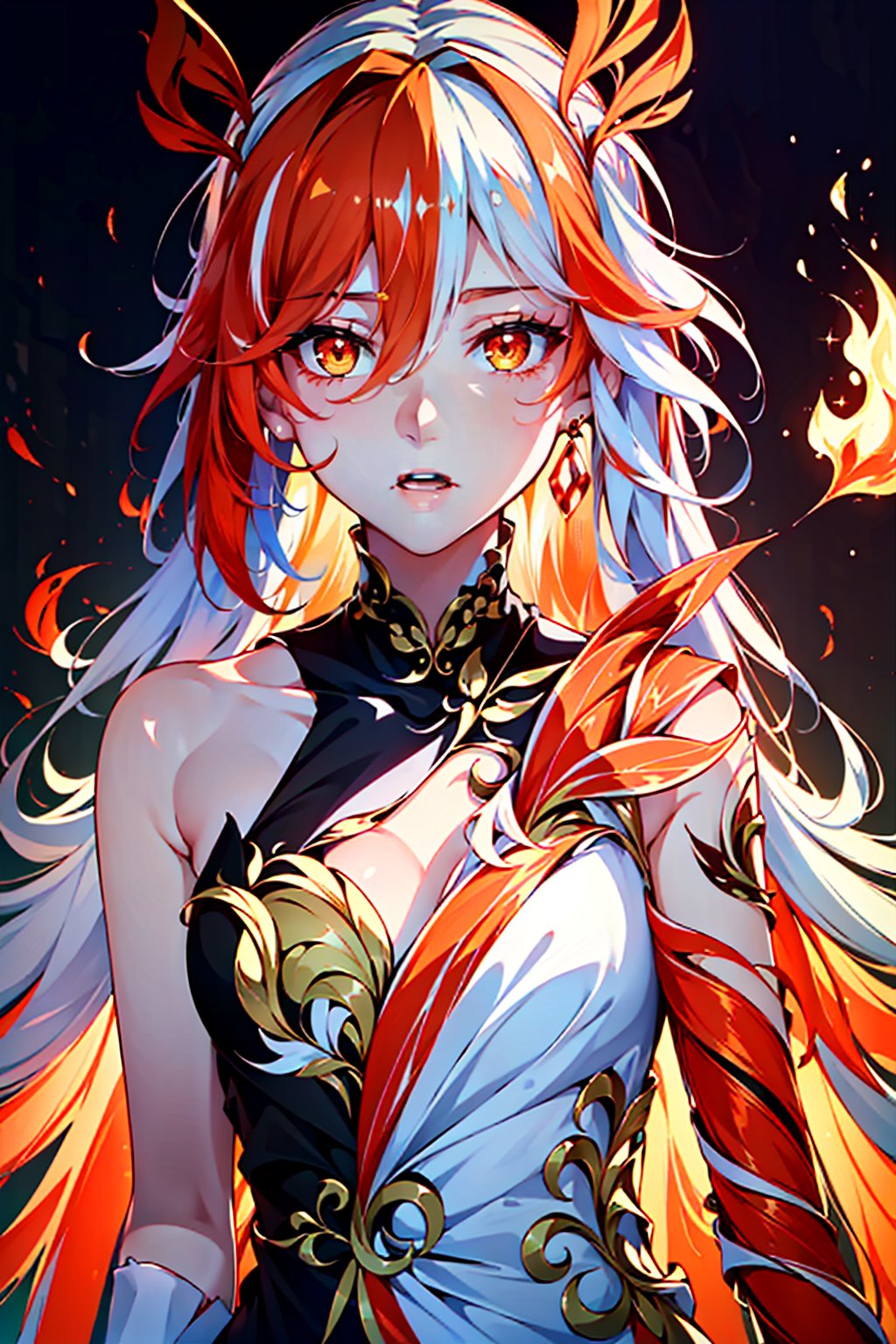 fu hua\bengluofu hua\bengluowhite_hair, orange_eyes, streaked_hair, fu hua, orange_hair, red_hair, fire, fiery_hair, hair_between_eyes, multicolored_hair, fu hua\bengluo, fiery_wings