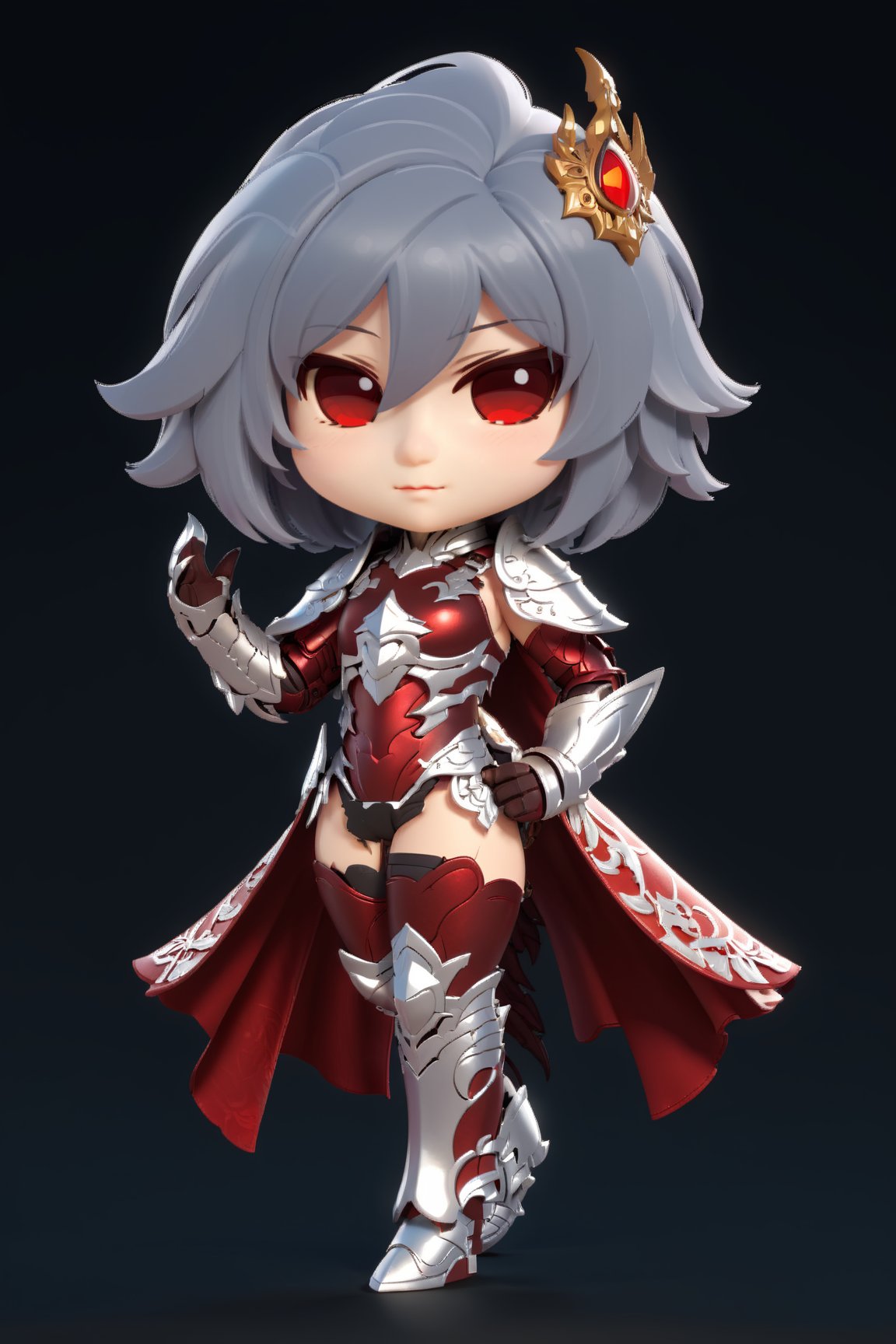 chibi, full body, (1girl, looking at viewer), white long hair, black metalic mechanical_armor, dynamic pose, delicate white filigree, intricate filigree, red metalic parts, intricate armor, detailed part, chibi style,3d style