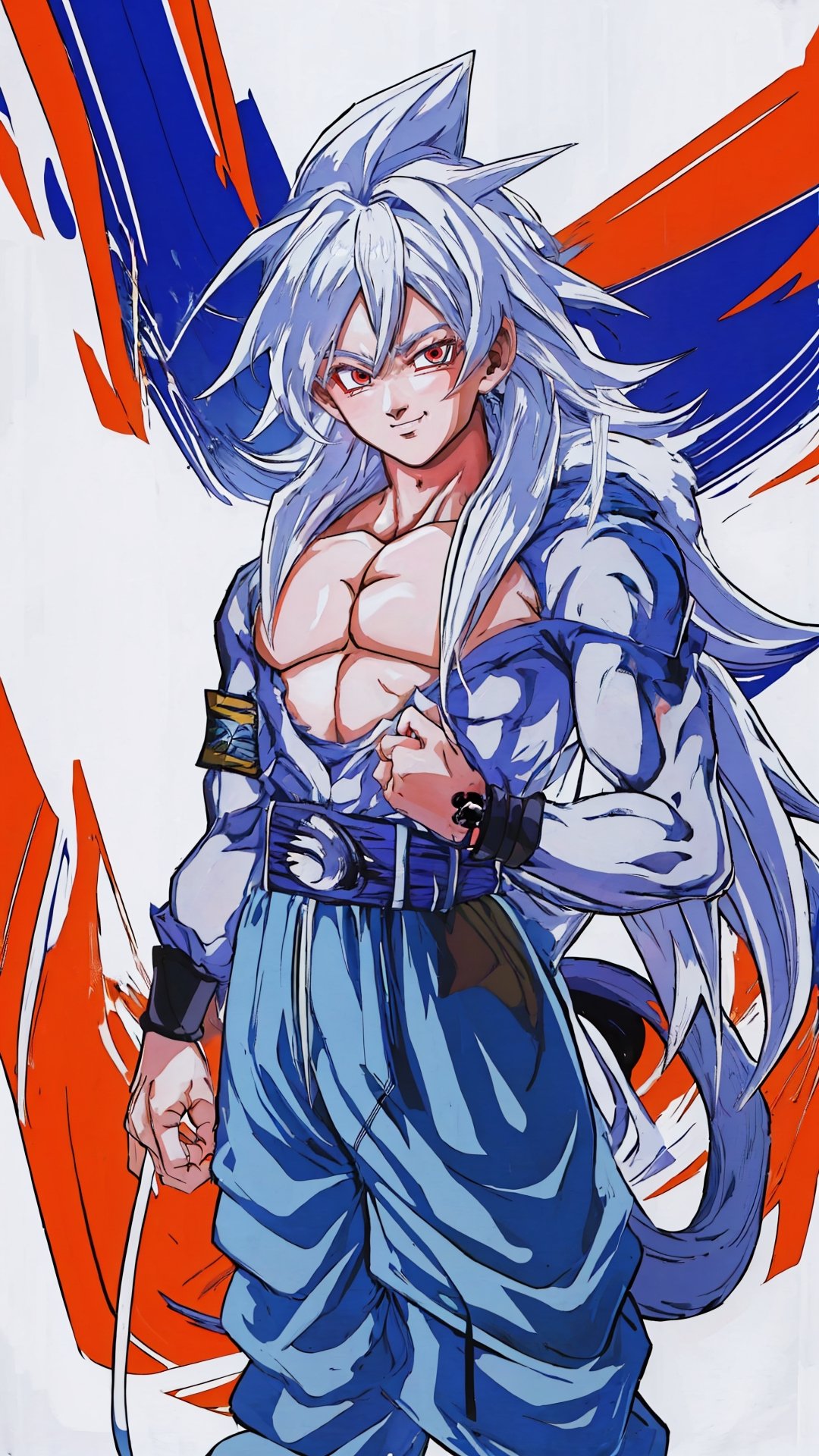 ,((masterpiece,best quality)), absurdres, aura, energy, electricity, , Super_Saiyan_5_Goku, 1boy, male focus, (white fur:1), red eyes, tail, white hair,  solo, smile, smirk, looking at viewer,Super_Saiyan_5_Goku,fu hua