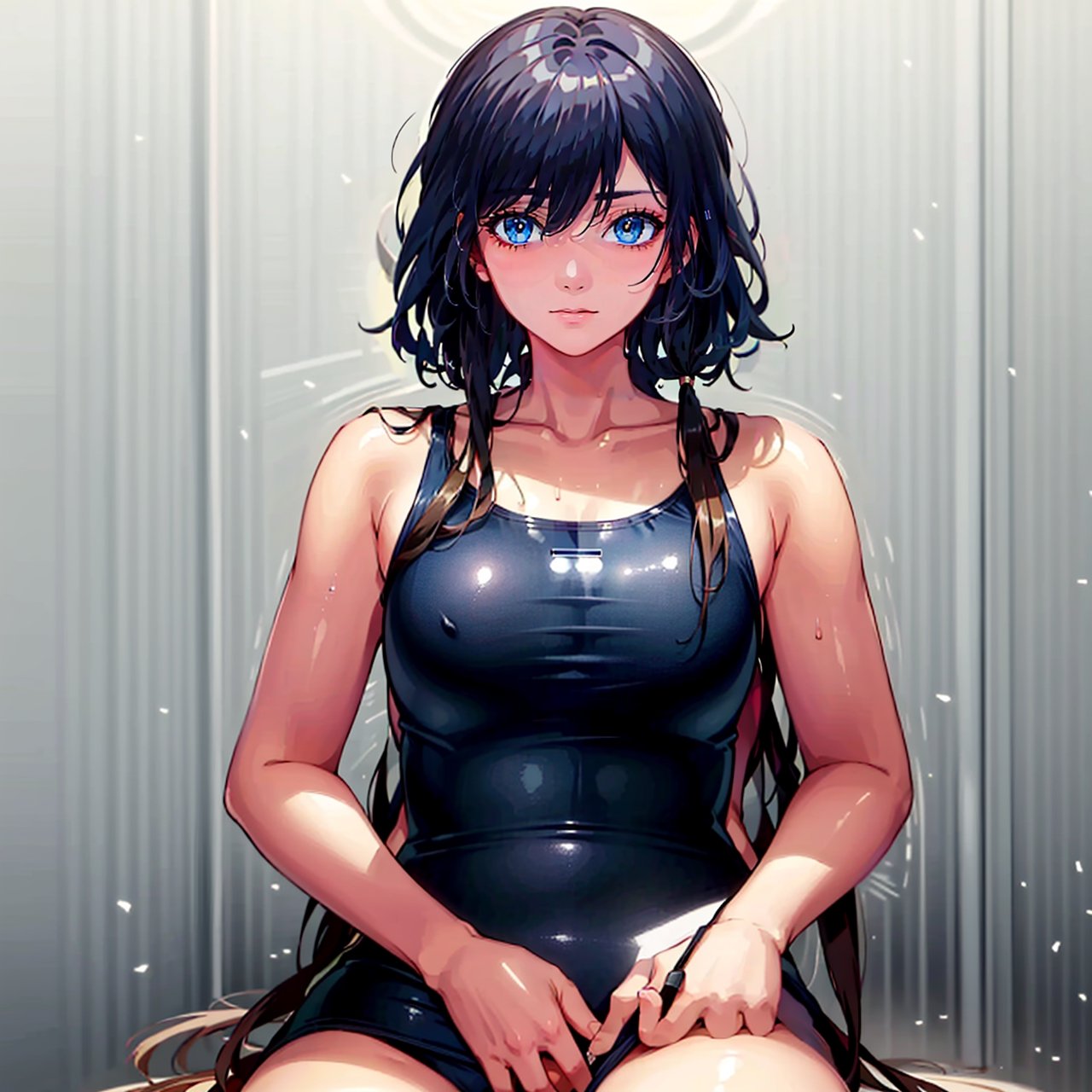 (masterpiece:1.3),(the best quality:1.2),(super fine illustrations:1.2),(Masterpiece),high quality,high detail,(white background:1.2),looking at viewer,(SOLO:1.4),outline,simplebackground,collarbone,sleeveless,school swimsuit,one-piece swimsuit,black swimsuit,barefoot,bare shoulders,bare arms,fu hua,blue_eyes,hair_between_eyes,