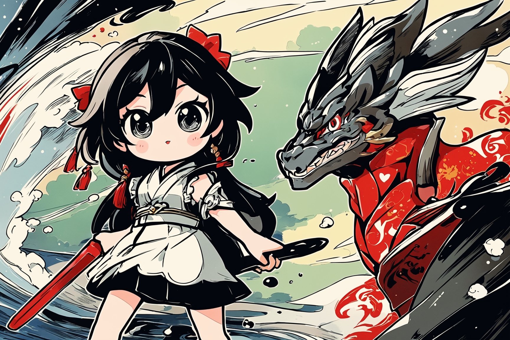 [[fu hua (phoenix)(honkai impact 3rd)]],  A Chinese dragon guards behind a cute little girl,  Romantic atmosphere by 我爱符华...