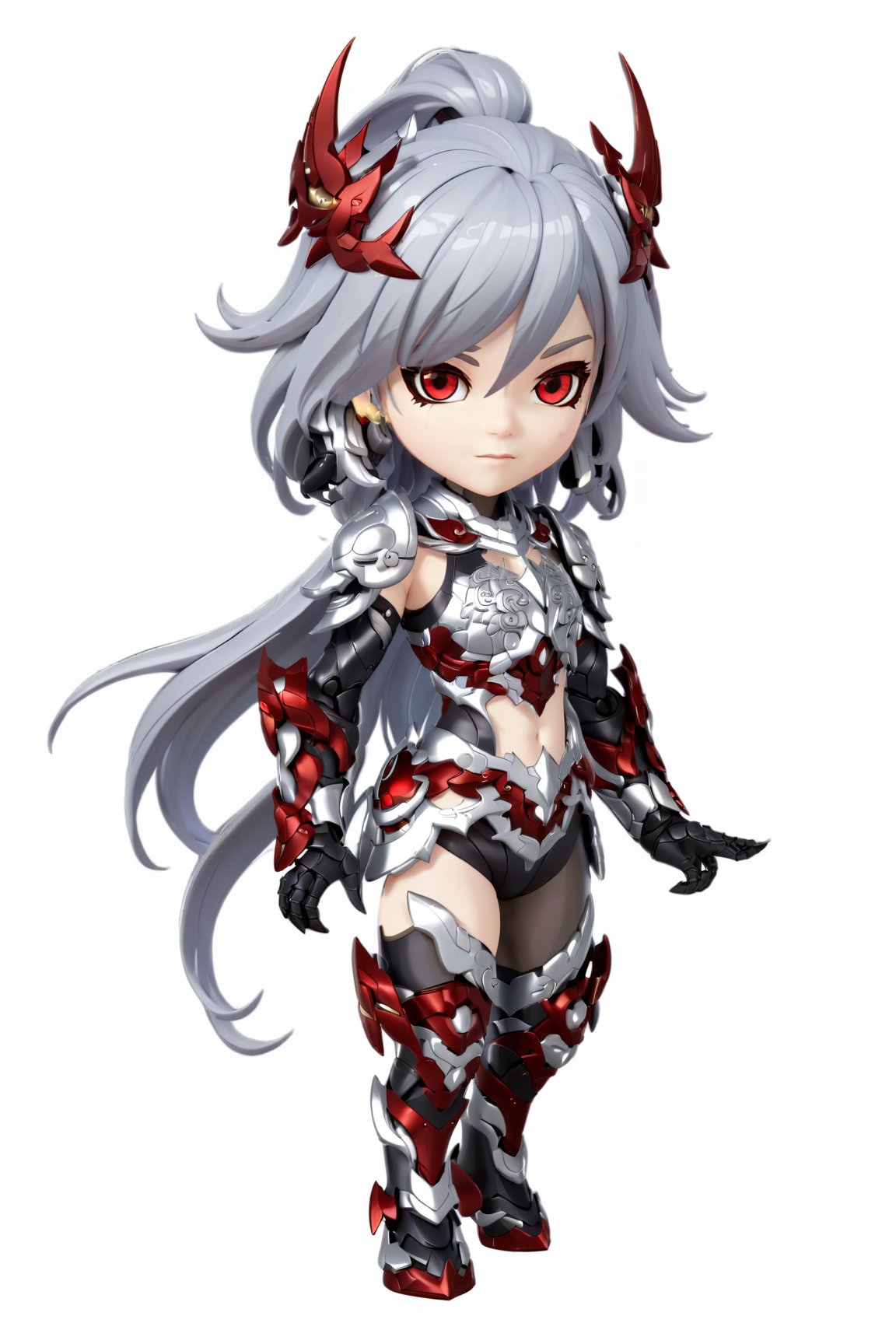 chibi, full body, (1girl, looking at viewer), white long hair, black metalic mechanical_armor, dynamic pose, delicate white filigree, intricate filigree, red metalic parts, intricate armor, detailed part, chibi style,3d style