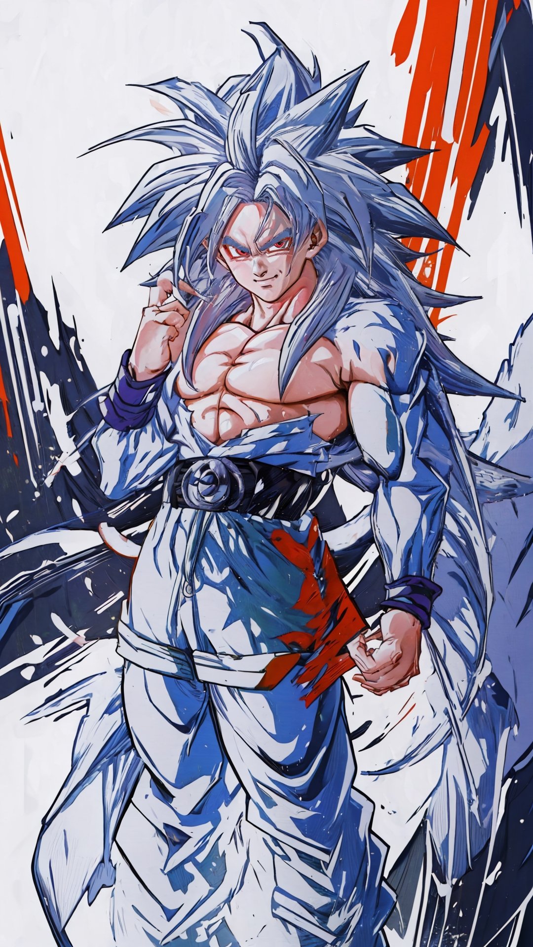 ,((masterpiece,best quality)), absurdres, aura, energy, electricity, , Super_Saiyan_5_Goku, (white fur:1), red eyes, tail, white hair,  solo, smile, smirk, looking at viewer,Super_Saiyan_5_Goku,fu hua