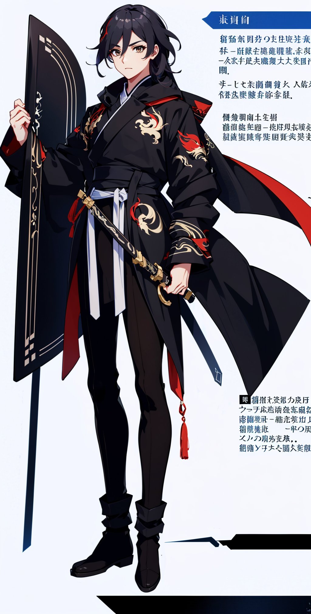  muscular mechanical body, ((brown eyes, black-hair)), black leather coat, holding chinese blade and Shield ,fu hua,full_body,sanguozhi,print robe