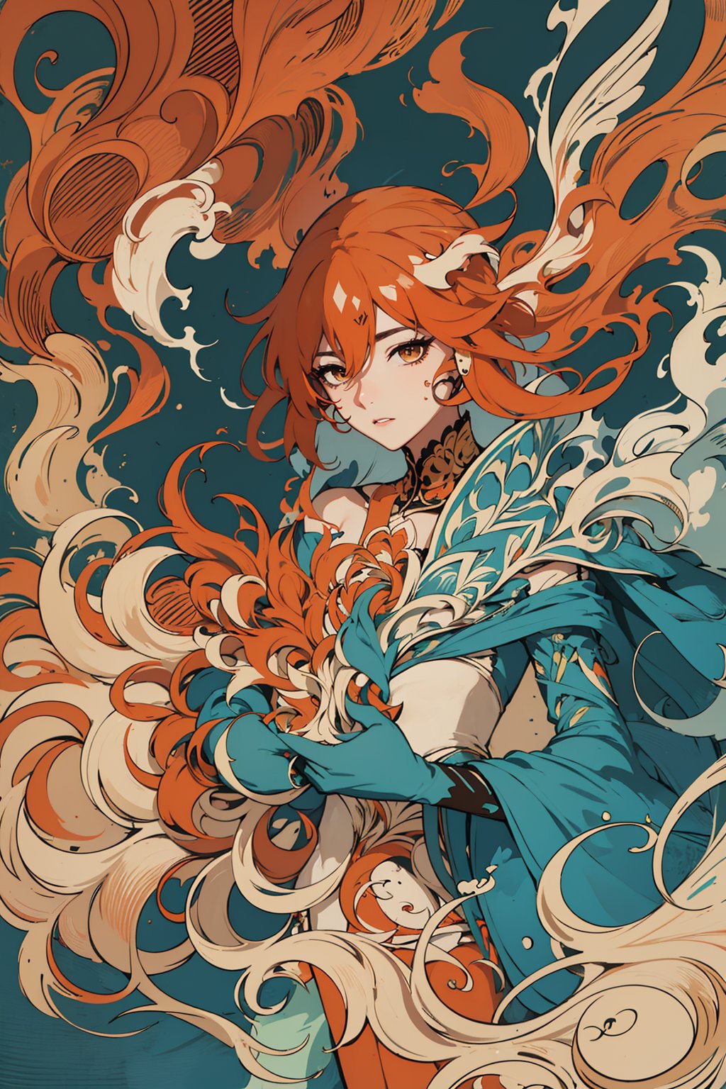 masterpiece, best quality, ultra high res, beautiful, elegant, graceful, award-winning art, 1girl, (style of Yuko Shimizu:1.4), (abstract art:1.2), style of rebecca guay, fu hua\bengluo, white_hair, orange_eyes, streaked_hair, fu hua, orange_hair, red_hair, fire, fiery_hair, hair_between_eyes, multicolored_hair, fu hua\bengluo, fiery_wings,fire, cloaked in flames, dark theme, visually stunning, gorgeous,cloud, fu hua\bengluo, ,fu hua\bengluo