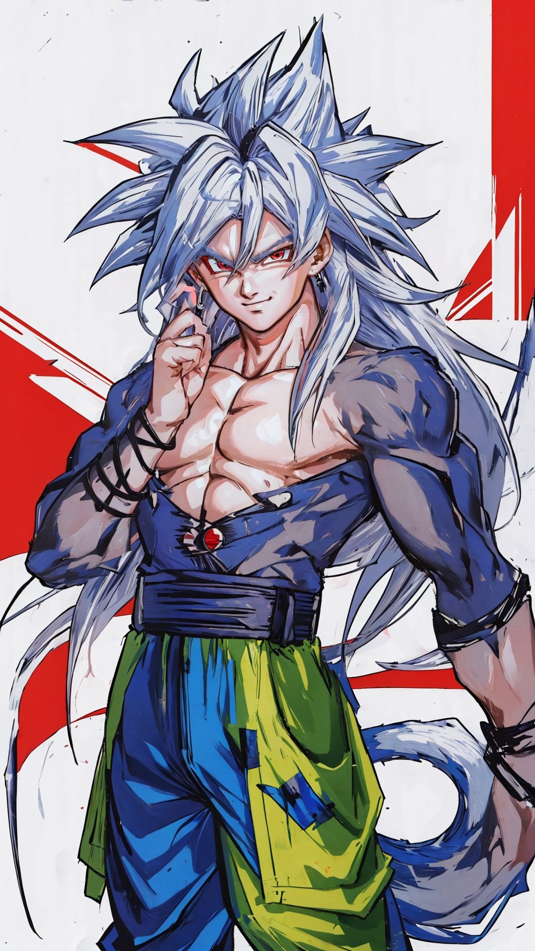 ,((masterpiece,best quality)), absurdres, aura, energy, electricity, , Super_Saiyan_5_Goku, (white fur:1), red eyes, tail, white hair,  solo, smile, smirk, looking at viewer,Super_Saiyan_5_Goku,fu hua