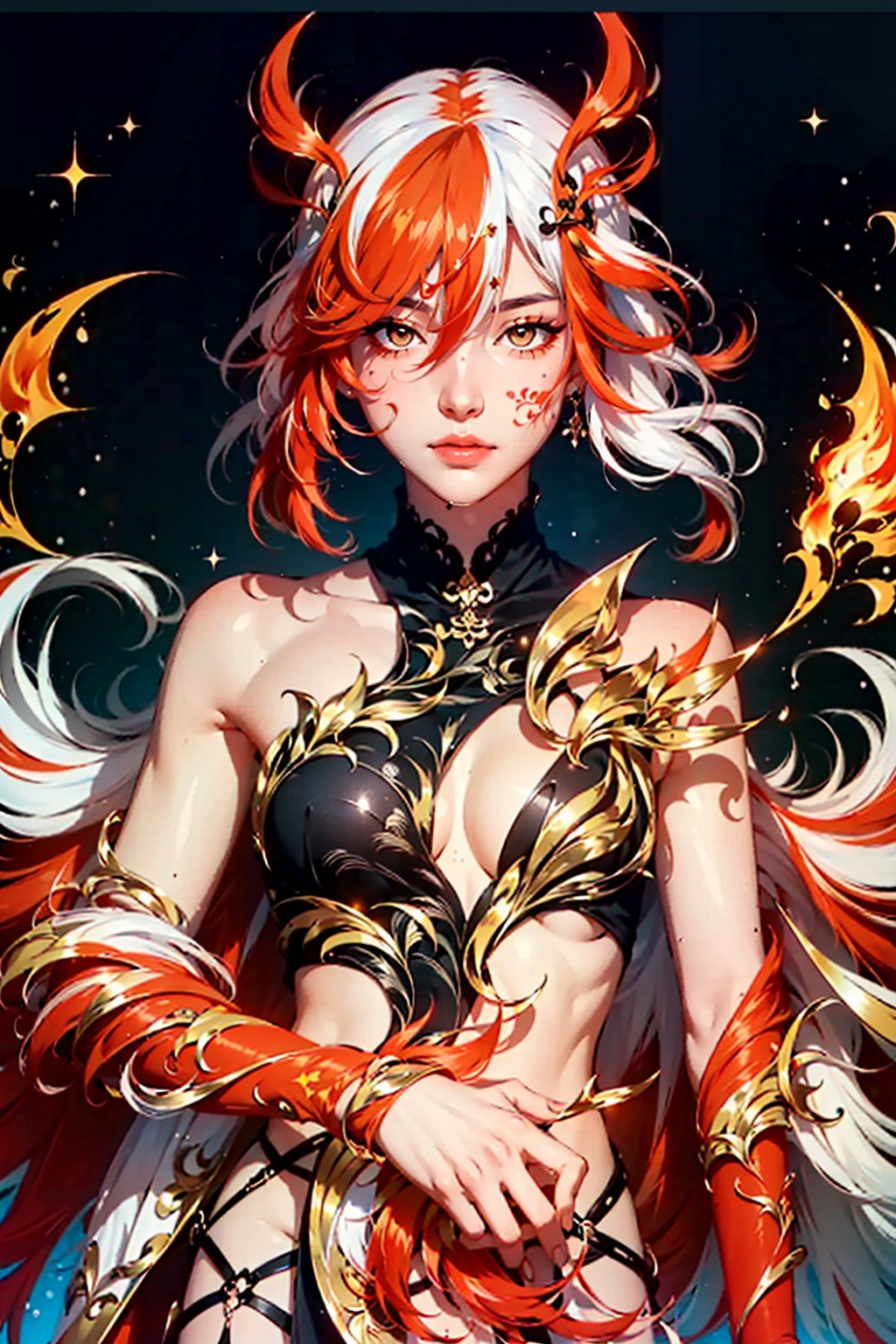 fu hua\bengluofu hua\bengluo,white_hair, orange_eyes, streaked_hair, fu hua, orange_hair, red_hair, fire, fiery_hair, hair_between_eyes, multicolored_hair, fu hua\bengluo, fiery_wings