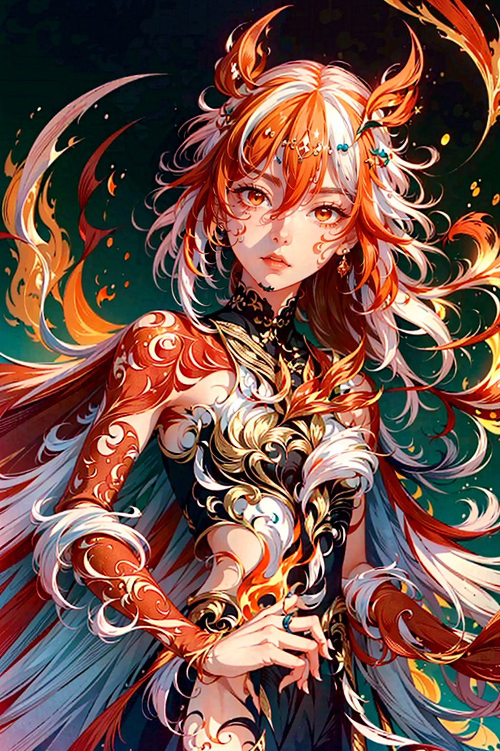 fu hua\bengluofu hua\bengluo,white_hair, orange_eyes, streaked_hair, fu hua, orange_hair, red_hair, fire, fiery_hair, hair_between_eyes, multicolored_hair, fu hua\bengluo, fiery_wings