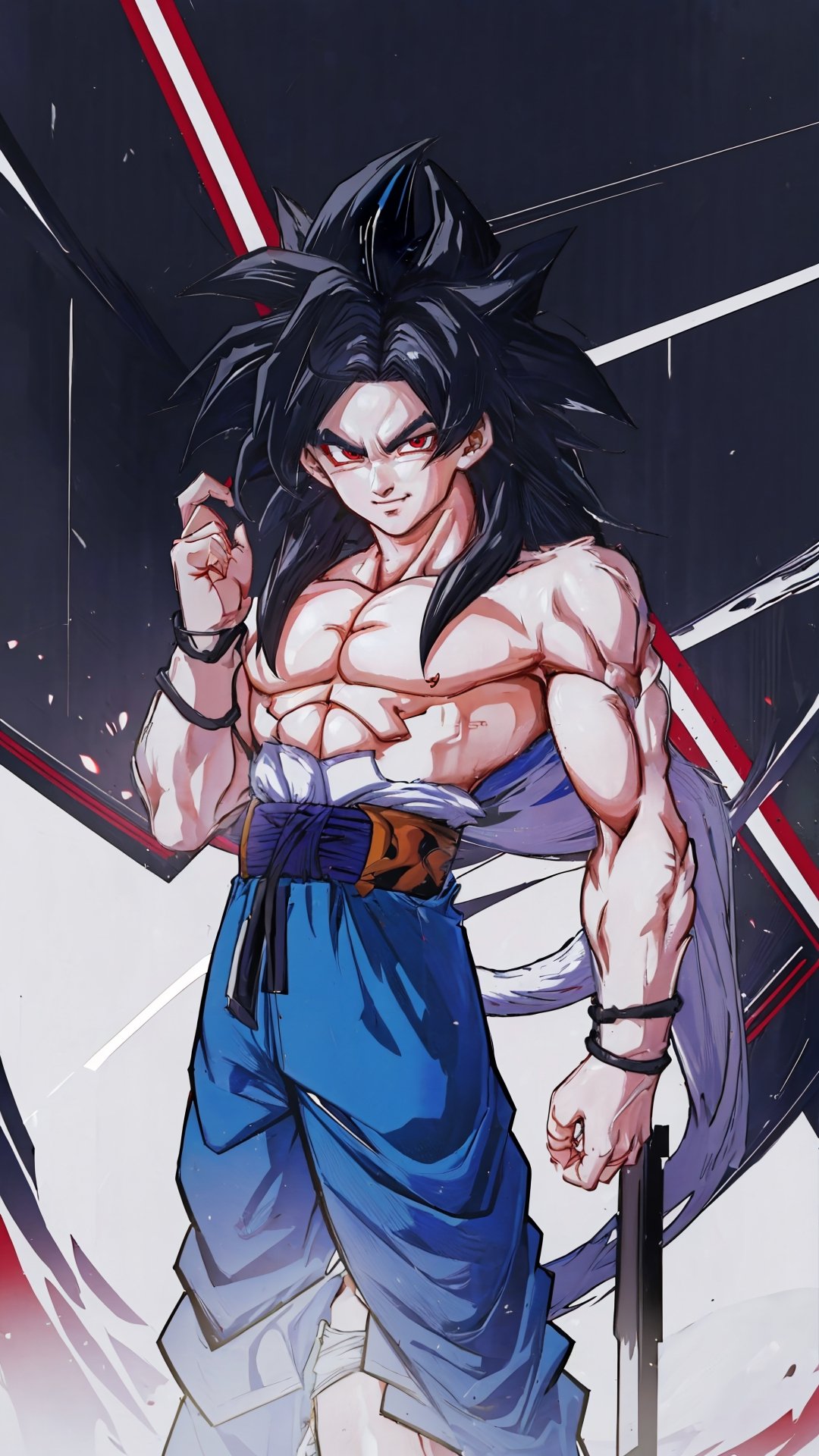 ,((masterpiece,best quality)), absurdres, aura, energy, electricity, , Super_Saiyan_5_Goku, (white fur:1), red eyes, tail, white hair,  solo, smile, smirk, looking at viewer,Super_Saiyan_5_Goku,fu hua