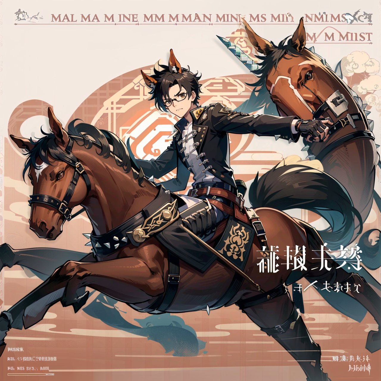 muscular mechanical body, ((1boy))((brown eyes, black-hair)), black leather coat,(( holding chinese blade and Shield)) ,midjourney portrait,swordsman,full_body, , 
,long skirt,line anime,(((animal ears, tail,male, horse ears,horse tail))),print robe,mature,annoyed,((( spiked hair,undercut))),glasses