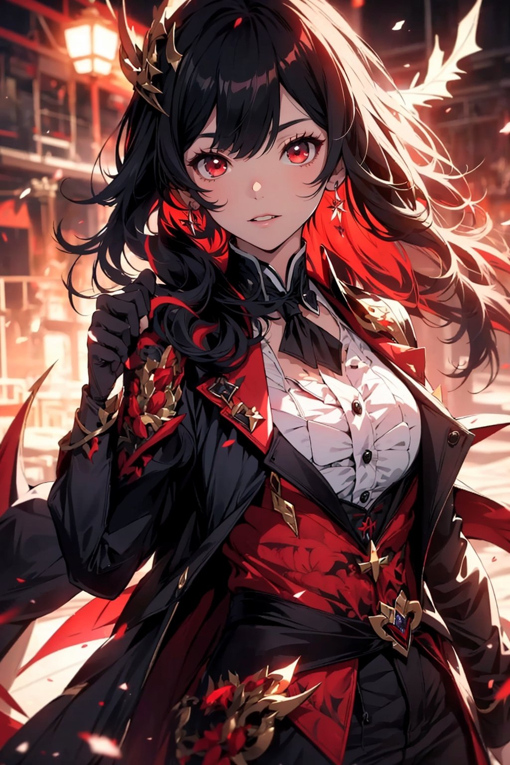 One female vampire, (dark red eyes), long black hair, bangs, hair_past_waist, perfect figure, ((red-colored apparel, often in the form of long, two-tailed coats)), bats flying in the background, dragon background 