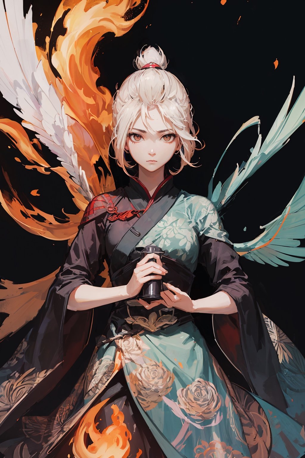 masterpiece, best quality, ultra high res, beautiful, elegant, graceful, award-winning art, 1girl, (style of Yuko Shimizu:1.4), (abstract art:1.2), style of rebecca guay, fu hua\bengluo, white_hair, orange_eyes, streaked_hair, fu hua, orange_hair, red_hair, fire, fiery_hair, hair_between_eyes, multicolored_hair, fu hua\bengluo, fiery_wings,fire, cloaked in flames, dark theme, visually stunning, gorgeous,cloud, fu hua\bengluo, ,fuhua/heiyu,scar