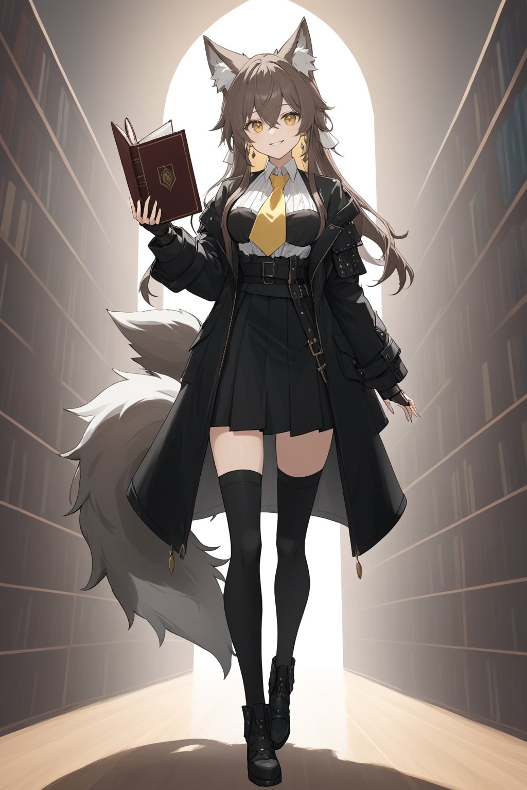 [[amiya(arknights)]], (full body), nai3, 1girl, solo, artstyle,
1girl, solo, long hair, breasts, looking at viewer, smile, bangs, skirt, brown hair, shirt, thighhighs, long sleeves, holding, animal ears, hair between eyes, jewelry, closed mouth, standing, jacket, tail, full body, yellow eyes, grey hair, earrings, black thighhighs, black skirt, black footwear, zettai ryouiki, coat, black jacket, animal ear fluff, book, ascot, wolf ears, gauntlets, wolf tail, holding book, black coat, open book, wolf girl, white ascot, single gauntlet