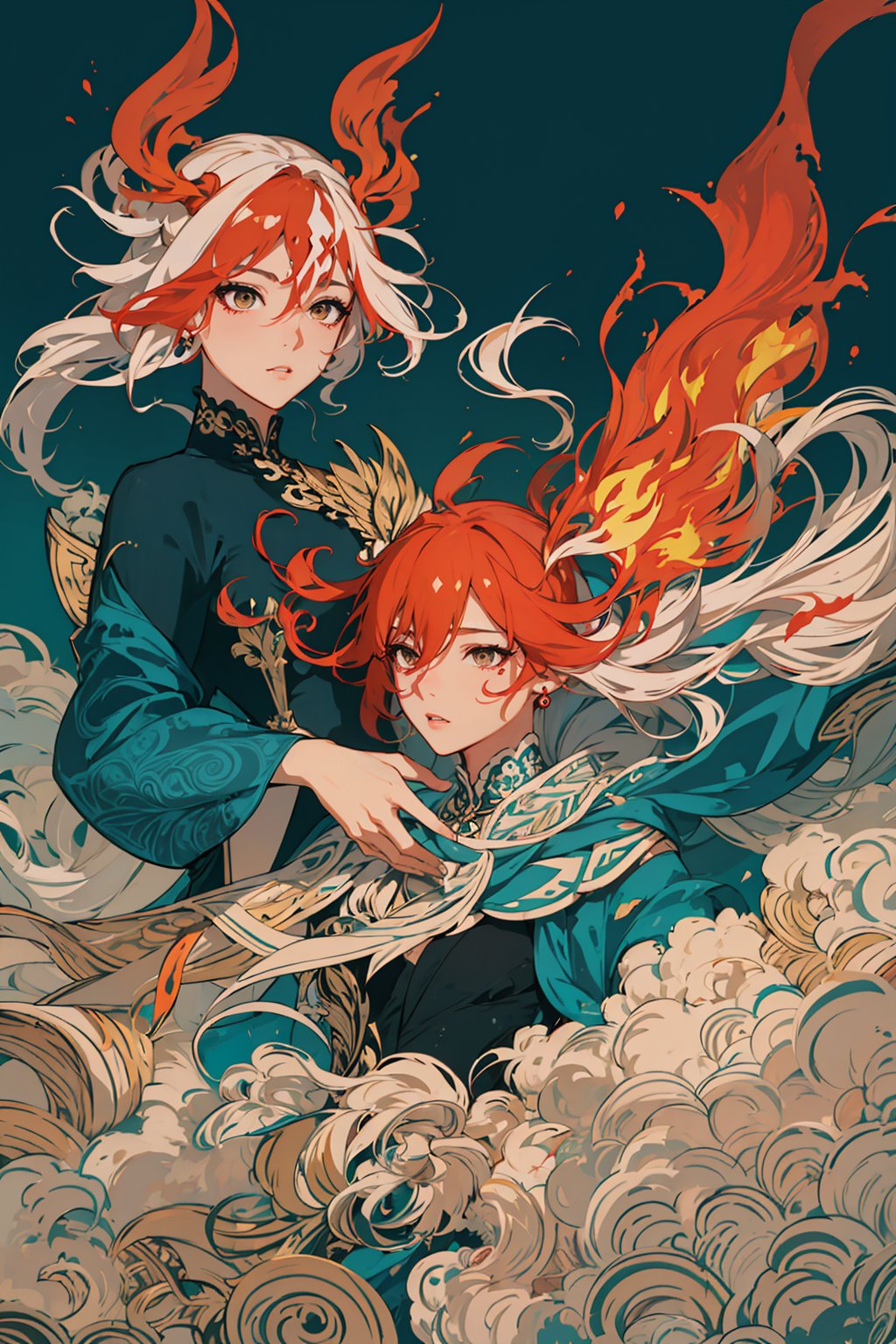 masterpiece, best quality, ultra high res, beautiful, elegant, graceful, award-winning art, 1girl, (style of Yuko Shimizu:1.4), (abstract art:1.2), style of rebecca guay, fu hua\bengluo, white_hair, orange_eyes, streaked_hair, fu hua, orange_hair, red_hair, fire, fiery_hair, hair_between_eyes, multicolored_hair, fu hua\bengluo, fiery_wings,fire, cloaked in flames, dark theme, visually stunning, gorgeous,cloud, fu hua\bengluo, 