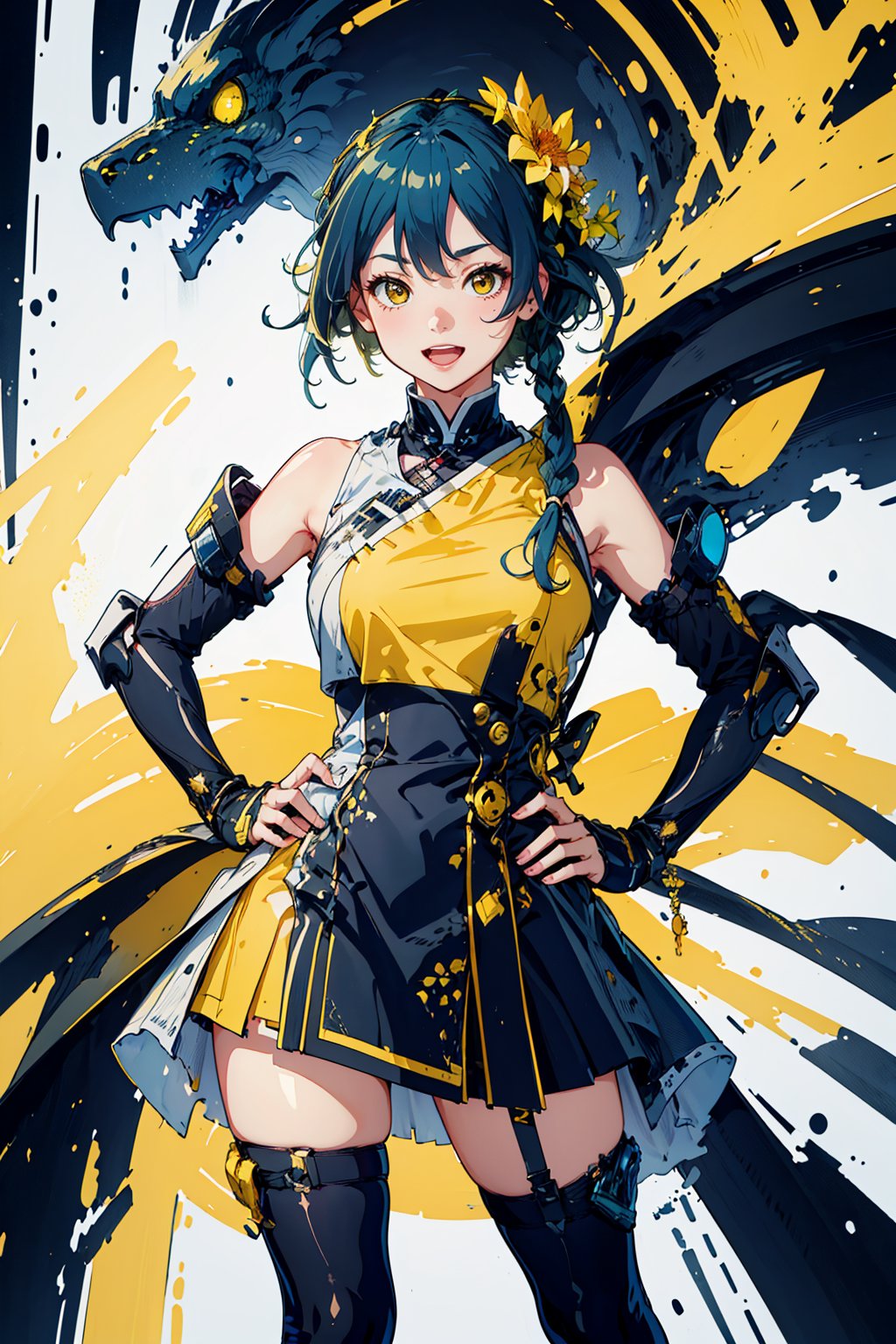 (masterpiece), 1girl, best quality, expressive eyes, perfect face,mature female, large breasts, braid, slim body, yellow eyes, hair ribbon, flat yellow color, lineart, abstract, flower, yellow theme, greyscale, monochrome, sleeveless dress, smile, open mouth, legs, hands on hips ,senti,kiana,lixue,fu hua\bengluo,souryuuasukalangley