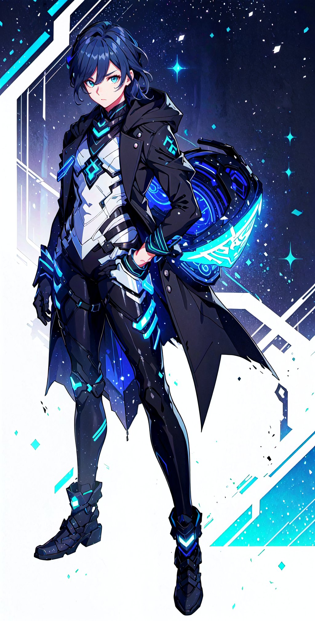 muscular mechanical body, glowing blue eyes, black-hair, leather long coat ,fu hua,yuelun