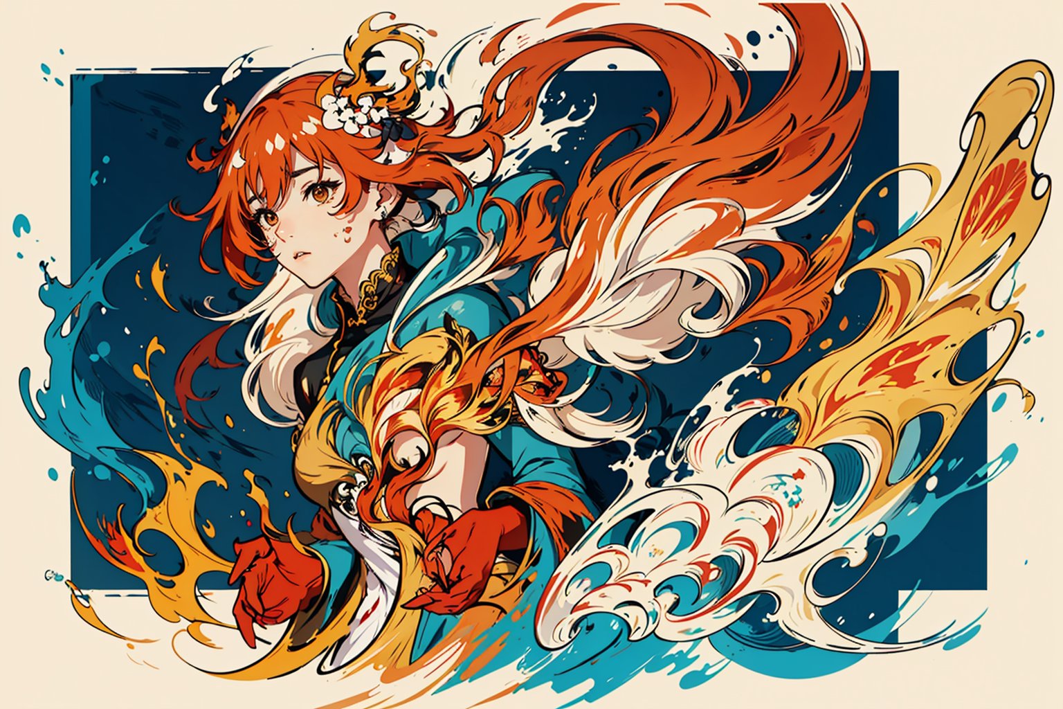 masterpiece, best quality, ultra high res, beautiful, elegant, graceful, award-winning art, 1girl, (style of Yuko Shimizu:1.4), (abstract art:1.2), style of rebecca guay, fu hua\bengluo, white_hair, orange_eyes, streaked_hair, fu hua, orange_hair, red_hair, fire, fiery_hair, hair_between_eyes, multicolored_hair, fu hua\bengluo, fiery_wings,fire, cloaked in flames visually stunning, gorgeous,cloud, fu hua\bengluo, 