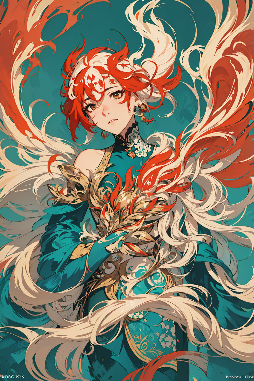 masterpiece, best quality, ultra high res, beautiful, elegant, graceful, award-winning art, 1girl, (style of Yuko Shimizu:1.4), (abstract art:1.2), style of rebecca guay, fu hua\bengluo, white_hair, orange_eyes, streaked_hair, fu hua, orange_hair, red_hair, fire, fiery_hair, hair_between_eyes, multicolored_hair, fu hua\bengluo, fiery_wings,fire, cloaked in flames, dark theme, visually stunning, gorgeous,cloud, fu hua\bengluo, 