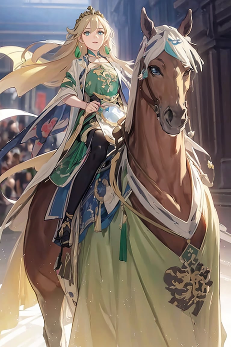 masterpiece, best quality, illustration, full body image, ornate and elaborate dress, platinum earrings, tiara, platinum necklace, white dress, 1girl, cute, (dynamic lighting:1.2), cinematic lighting, delicate facial features, detailed eyes, green eyes, long blonde hair, sharp pupils, realistic pupils, depth of field, bokeh, sharp focus, (hyper-detailed, bloom, glow:1.4), blonde hair, full lips, bright green eyes,fu hua,hanfu blue eyes,hair_style, different style hair, SAM YANG, golden armour, battlefield, sunset, golden crown, roar, long sword, riding horse, charging forward, wide shot, fisheye