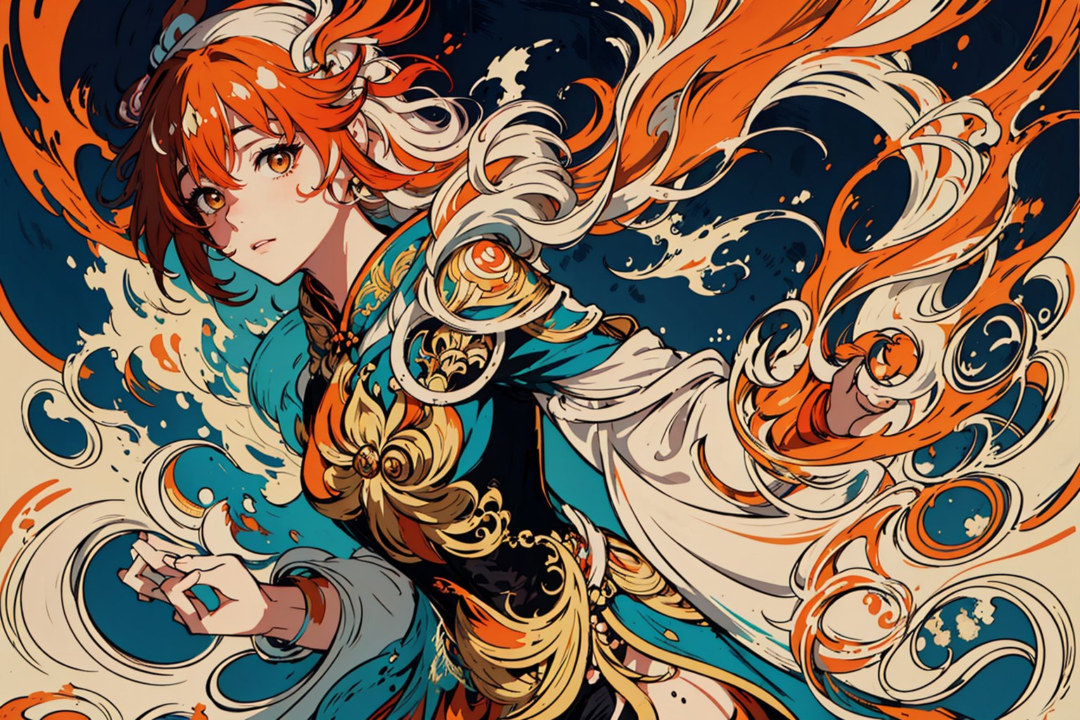 masterpiece, best quality, ultra high res, beautiful, elegant, graceful, award-winning art, 1girl, (style of Yuko Shimizu:1.4), (abstract art:1.2), style of rebecca guay, fu hua\bengluo, white_hair, orange_eyes, streaked_hair, fu hua, orange_hair, red_hair, fire, fiery_hair, hair_between_eyes, multicolored_hair, fu hua\bengluo, fiery_wings,fire, cloaked in flames visually stunning, gorgeous,cloud, fu hua\bengluo, 