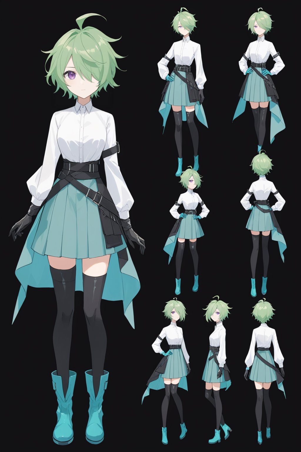 [[amiya(arknights)]], (full body), nai3, 1girl, solo, artstyle,
1girl, looking at viewer, short hair, skirt, shirt, thighhighs, gloves, 1boy, dress, purple eyes, white shirt, ahoge, boots, green hair, elbow gloves, hair over one eye, hand on hip, aqua hair, multiple views, thigh boots, black background, grey skirt, blue footwear