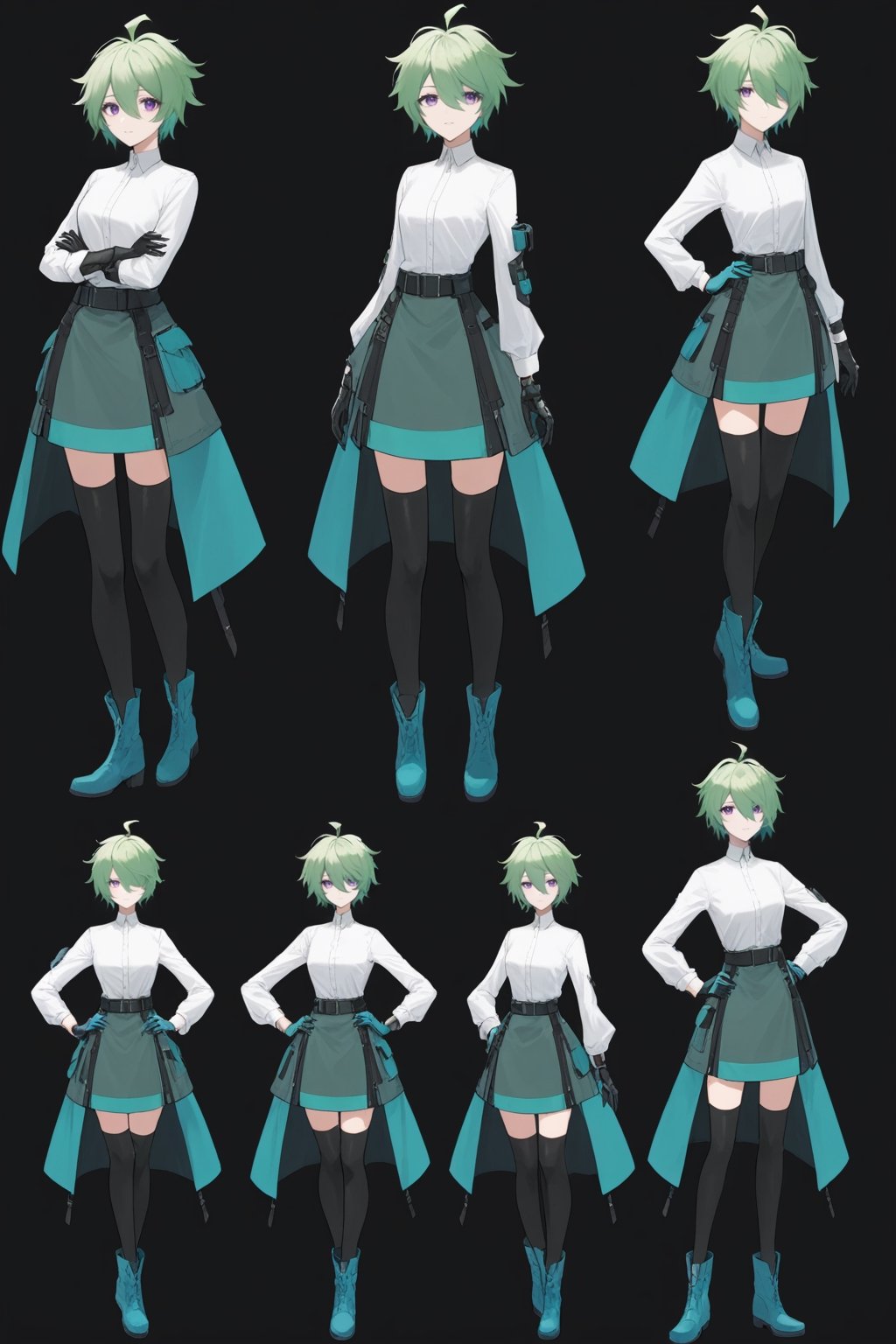 [[amiya(arknights)]], (full body), nai3, 1girl, solo, artstyle,
1girl, looking at viewer, short hair, skirt, shirt, thighhighs, gloves, 1boy, dress, purple eyes, white shirt, ahoge, boots, green hair, elbow gloves, hair over one eye, hand on hip, aqua hair, multiple views, thigh boots, black background, grey skirt, blue footwear