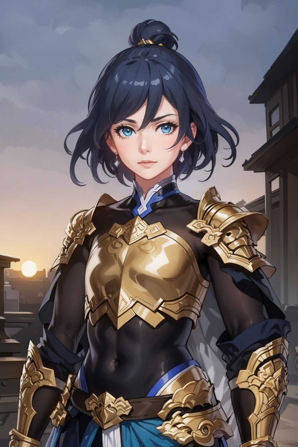 (detailed face:1.2), (looking at viewer:1.2), centered, (upper body), photography of a 22yo woman, masterpiece, | (beautiful detailed eyes:1.2), short hair, aqua hair color, light blue eyes, armored top, pauldrons, wide hips, lowleg armored pants, | sunset, bokeh, depth of field ,fu hua,female focus,armor,Chinese Armor,golden armor,golden chain,sanguozhi