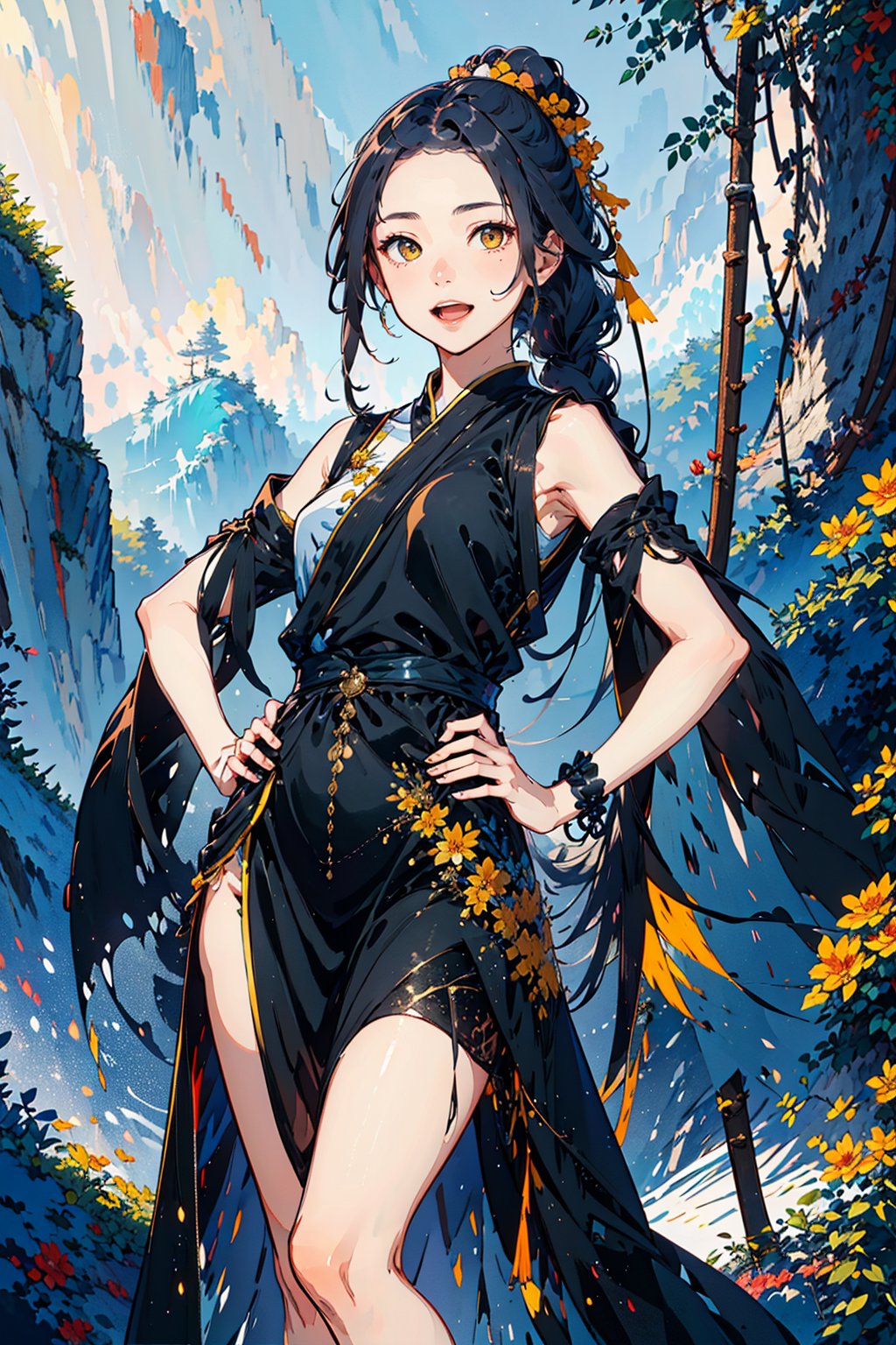 (masterpiece), 1girl, best quality, expressive eyes, perfect face,mature female, large breasts, braid, slim body, yellow eyes, hair ribbon, flat yellow color, lineart, abstract, flower, yellow theme, greyscale, monochrome, sleeveless dress, smile, open mouth, legs, hands on hips ,senti,kiana,lixue,fu hua\bengluo,souryuuasukalangley,yu fuhua,fu hua/fushengxianren