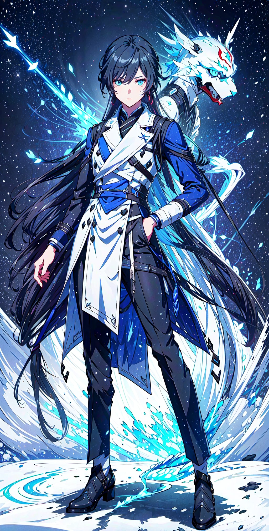 muscular mechanical body, glowing blue eyes, black-hair, leather long coat ,fu hua,yuelun,fu_hua,taixu