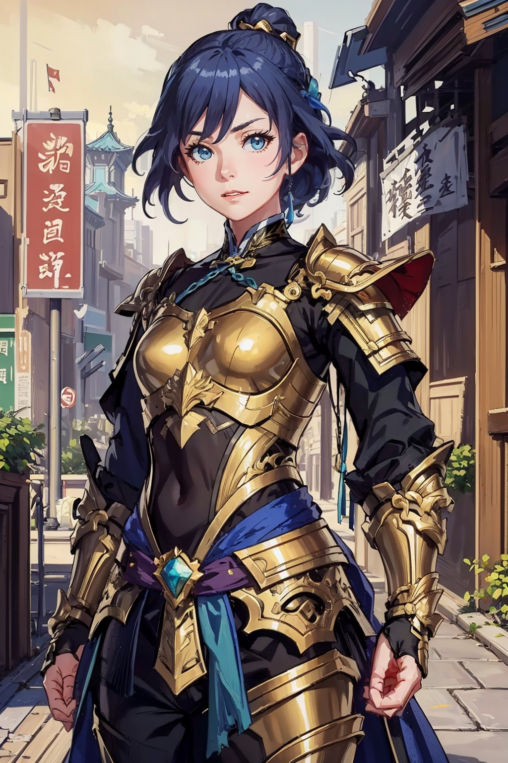 (looking at viewer:1.2), centered, (upper body), photography of a 22yo woman, masterpiece, | (beautiful detailed eyes:1.2), short hair, aqua hair color, light blue eyes, armored top, pauldrons, wide hips, lowleg armored pants, | sunset, bokeh, depth of field ,fu hua,(((female focus,armor,Chinese Armor,golden armor))),golden chain,(sanguozhi)