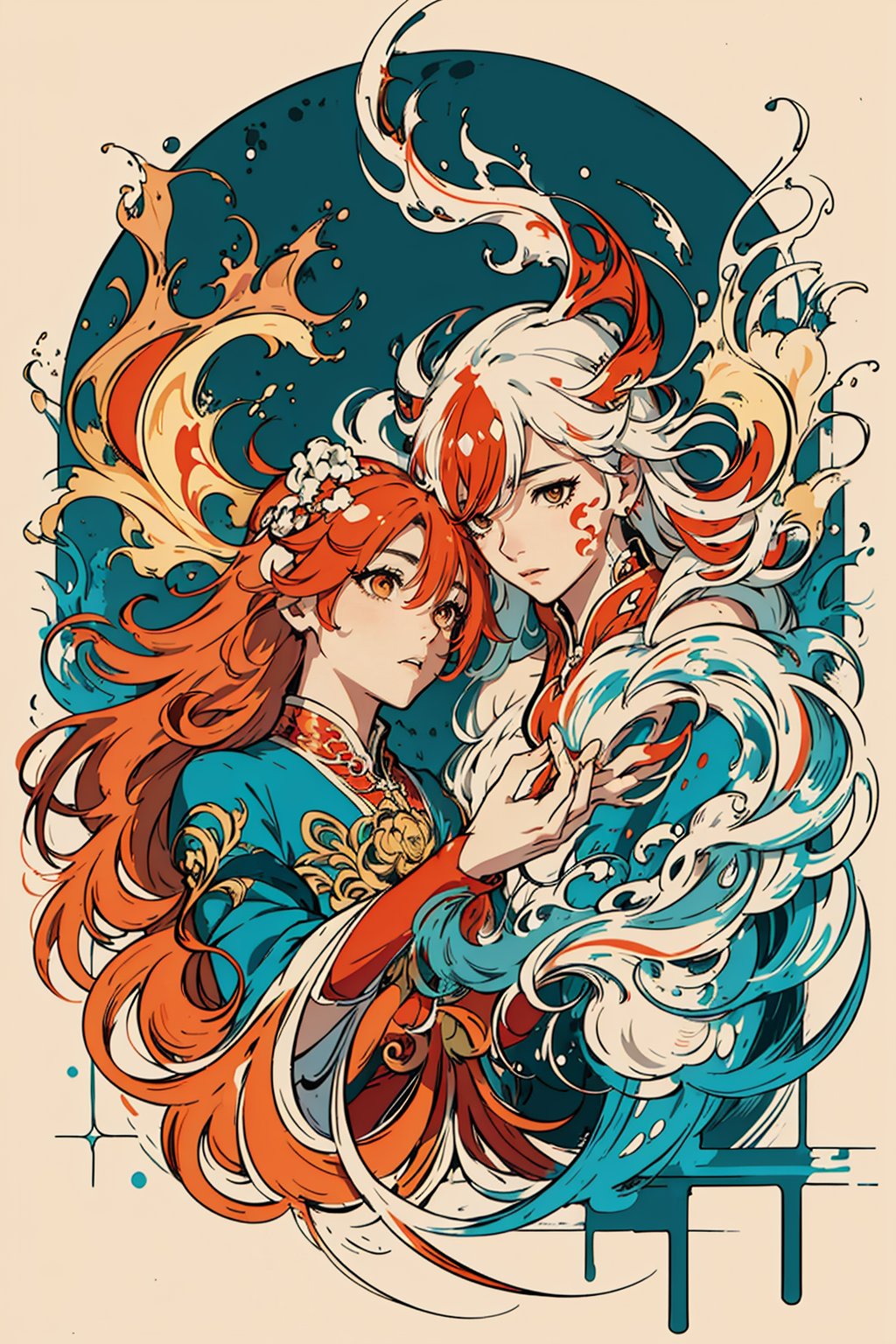 masterpiece, best quality, ultra high res, beautiful, elegant, graceful, award-winning art, 1girl, (style of Yuko Shimizu:1.4), (abstract art:1.2), style of rebecca guay, fu hua\bengluo, white_hair, orange_eyes, streaked_hair, fu hua, orange_hair, red_hair, fire, fiery_hair, hair_between_eyes, multicolored_hair, fu hua\bengluo, fiery_wings,fire, cloaked in flames visually stunning, gorgeous,cloud, fu hua\bengluo, 