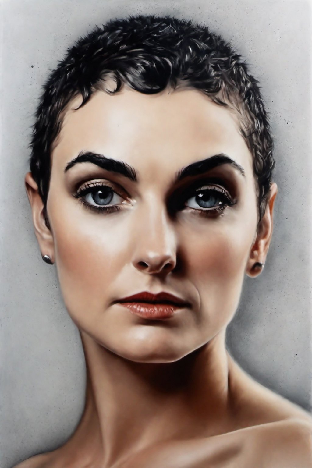 photo of sinead o'connor, rule of thirds, dramatic lighting, medium hair, detailed face, detailed nose, woman naked, soft freckles, smirk, intricate background,realism,realistic,raw,analog,woman,portrait,photorealistic,analog,realism, front light medium power. 8k, mohicano haircut