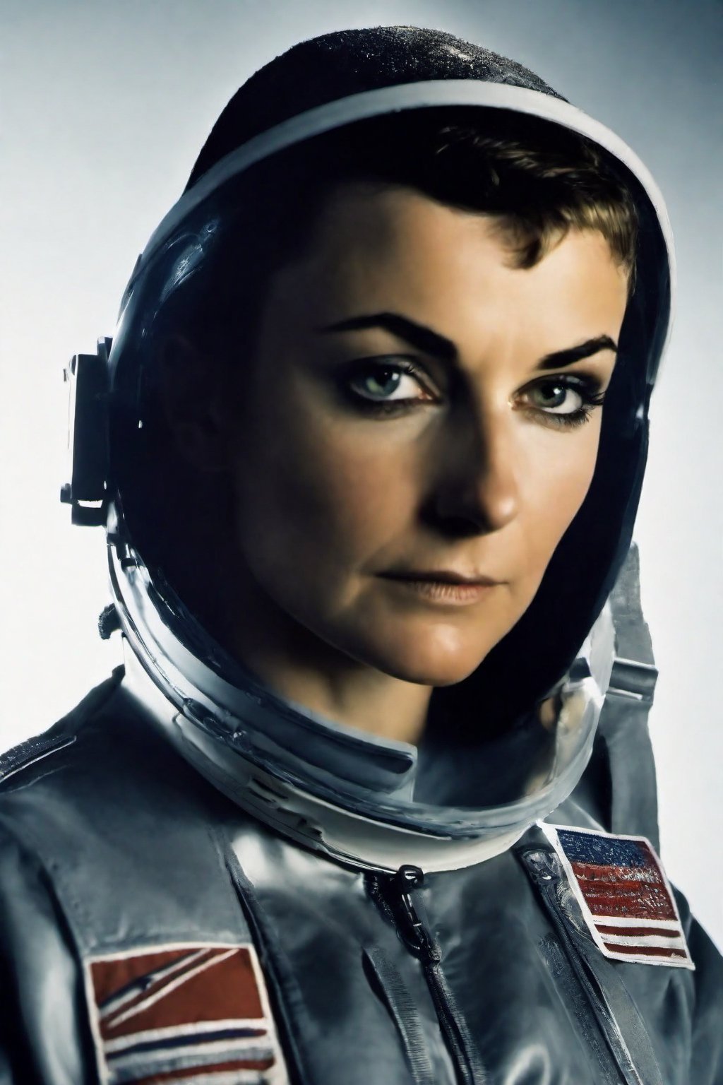 photo of sinead o'connor with astronaut suit, copkit , rule of thirds, dramatic lighting, medium hair, detailed face, detailed nose, woman naked, soft freckles, smirk, intricate background,realism,realistic,raw,analog,woman,portrait,photorealistic,analog,realism, front light medium power. 8k, mohicano haircut