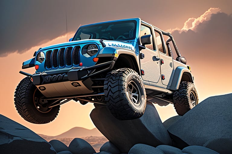 jeep wrangler big jumping in rocks, high detail ford raptor dark blue, natural photography, dramatic light, advertising shooting, 4k, high resolution, realistic photography, 13hs, sharpen more, truck lights are turn on, perfect details of the truck, aereal shoot, 120 mph, alpha channel, more landscape, zoom out, sunset, 