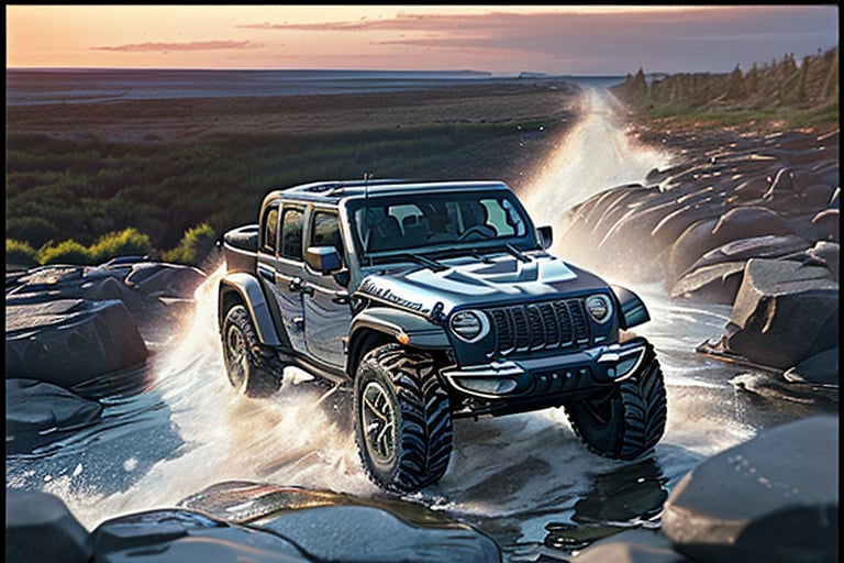 jeep wrangler big jumping in rocks, high detail ford raptor dark blue, natural photography, dramatic light, advertising shooting, 4k, high resolution, realistic photography, 13hs, sharpen more, truck lights are turn on, perfect details of the truck, aereal shoot, 120 mph, alpha channel, more landscape, zoom out, sunset,