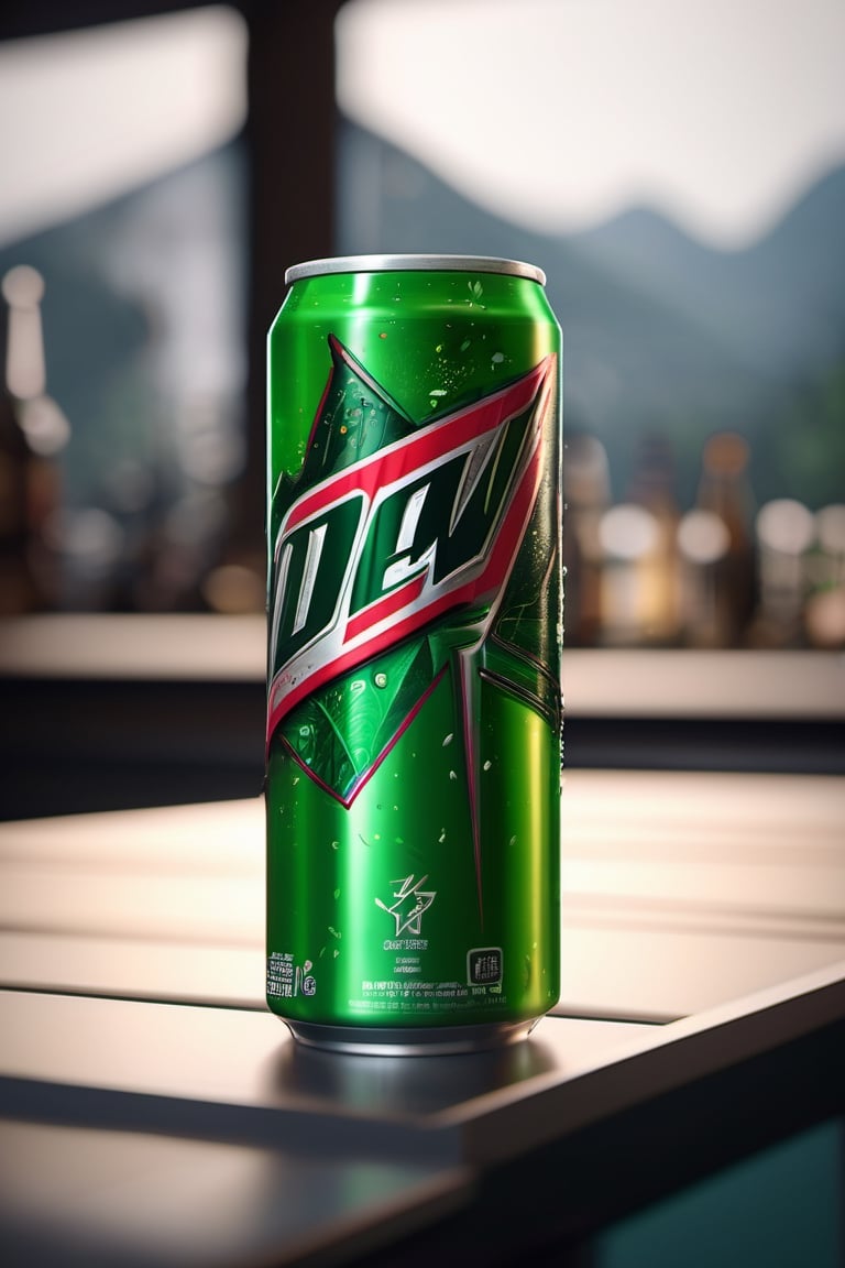 High quality, masterpiece, 4K, quality, Tyndall effect, RAW natural photo of (((perfect))) mountain dew can,  only one light cenital chimera, day advertising shooting, realistic photograph, sharp focus, depth of field, shoot, ,side shot, side shot, ultrahd, realistic, vivid colors, highly detailed, perfect composition, 8k, photorealistic concept art, soft natural volumetric cinematic perfect light,booth, food focus, black background
