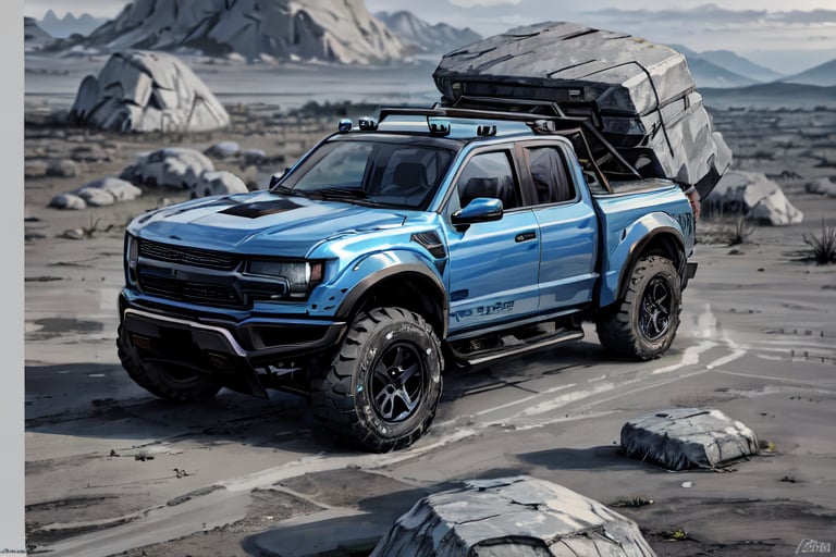 3 ford raptor big jumping in rocks, high detail ford raptor dark blue, natural photography, dramatic light, advertising shooting, 4k, high resolution, realistic photography, 13hs, sharpen more, truck lights are turn on, perfect details of the car, aereal shoot, 120 mph, alpha channel, more landscape, zoom out, sunset, saturated colors
