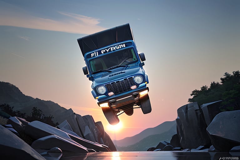 jeep rubicon big jumping in rocks, high detail ford raptor dark blue, natural photography, dramatic light, advertising shooting, 4k, high resolution, realistic photography, 13hs, sharpen more, truck lights are turn on, perfect details of the truck, aereal shoot, 120 mph, alpha channel, more landscape, zoom out, sunset, 
,Origami 