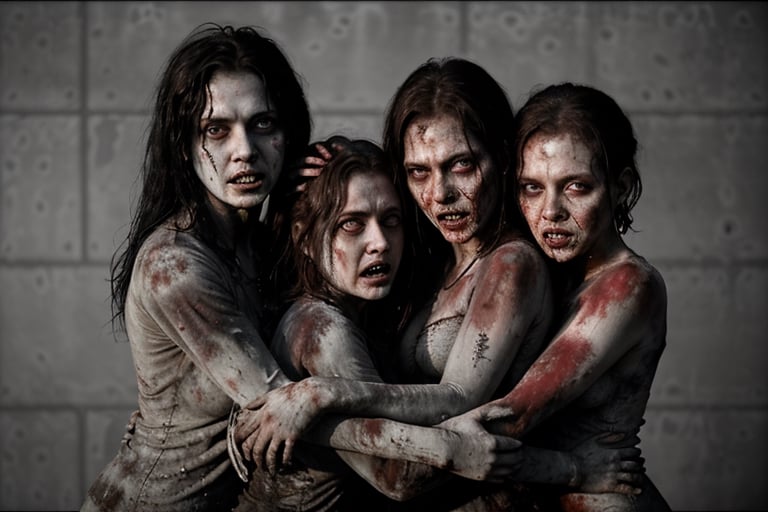 6 female dirty zombies hugging , disturbed souls, rotten zombies version, love and sadness,
, hd, 8k, masterpiece, one light, realistic photography, hasselblad, raw, hiperrealism, medium format sensor camera, super prime cinema lens, (((filtered light))) , ((((concret background)))), 