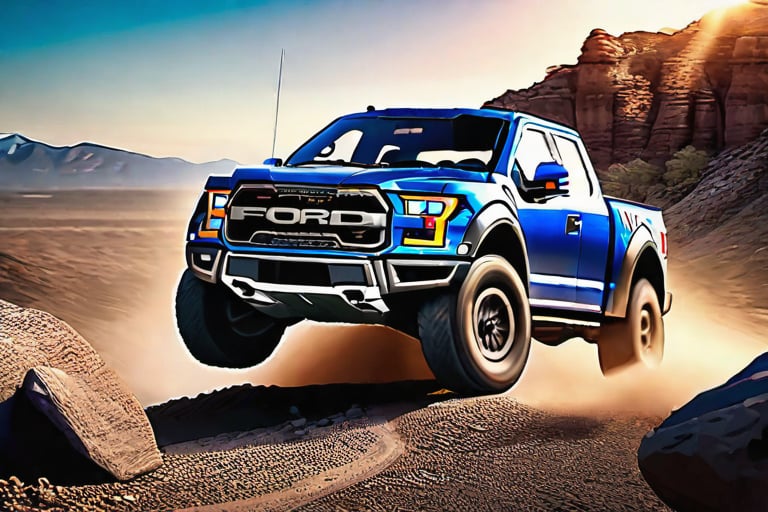 Ford raptor big jumping in rocks, high detail ford raptor dark blue, natural photography, dramatic light, advertising shooting, 4k, high resolution, realistic photography, 13hs, sharpen more, truck lights are turn on, perfect details of the truck, aereal shoot, 120 mph, alpha channel, more landscape, zoom out, sunset, saturated colors,mecha