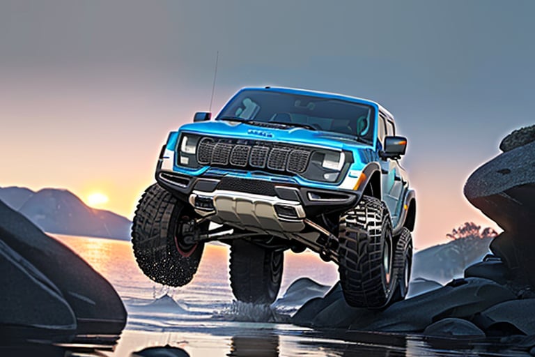 jeep rubicon big jumping in rocks, high detail ford raptor dark blue, natural photography, dramatic light, advertising shooting, 4k, high resolution, realistic photography, 13hs, sharpen more, truck lights are turn on, perfect details of the truck, aereal shoot, 120 mph, alpha channel, more landscape, zoom out, sunset, 
,Origami 