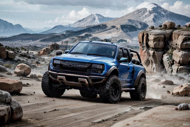 3 ford raptor big jumping in rocks, high detail ford raptor dark blue, natural photography, dramatic light, advertising shooting, 4k, high resolution, realistic photography, 13hs, sharpen more, truck lights are turn on, perfect details of the car, aereal shoot, 120 mph, alpha channel, more landscape, zoom out, sunset, saturated colors
