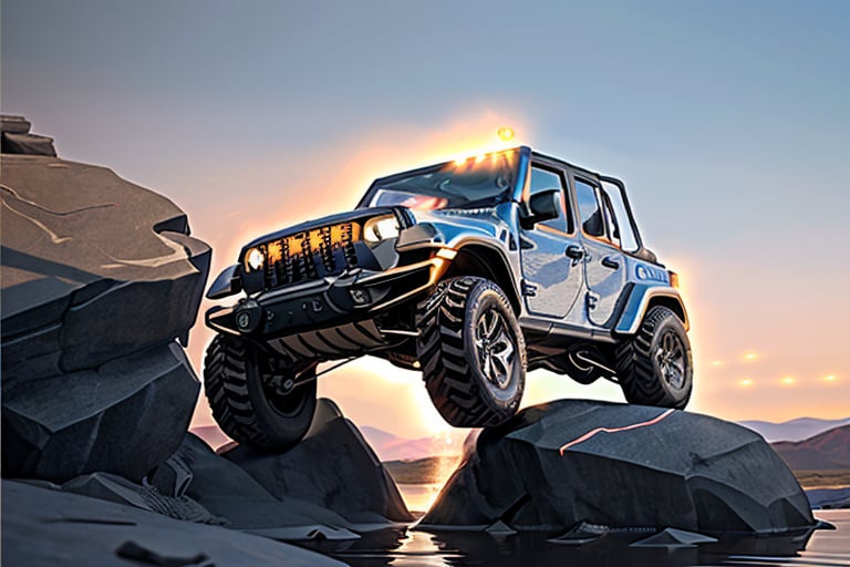 jeep wrangler big jumping in rocks, high detail ford raptor dark blue, natural photography, dramatic light, advertising shooting, 4k, high resolution, realistic photography, 13hs, sharpen more, truck lights are turn on, perfect details of the truck, aereal shoot, 120 mph, alpha channel, more landscape, zoom out, sunset,