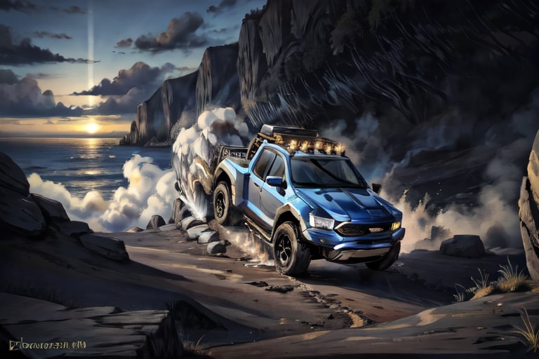 Ford raptor big jumping in rocks, high detail ford raptor dark blue, natural photography, dramatic light, advertising shooting, 4k, high resolution, realistic photography, 13hs, sharpen more, truck lights are turn on, perfect details of the truck, aereal shoot, 120 mph, alpha channel, more landscape, zoom out, sunset, saturated colors