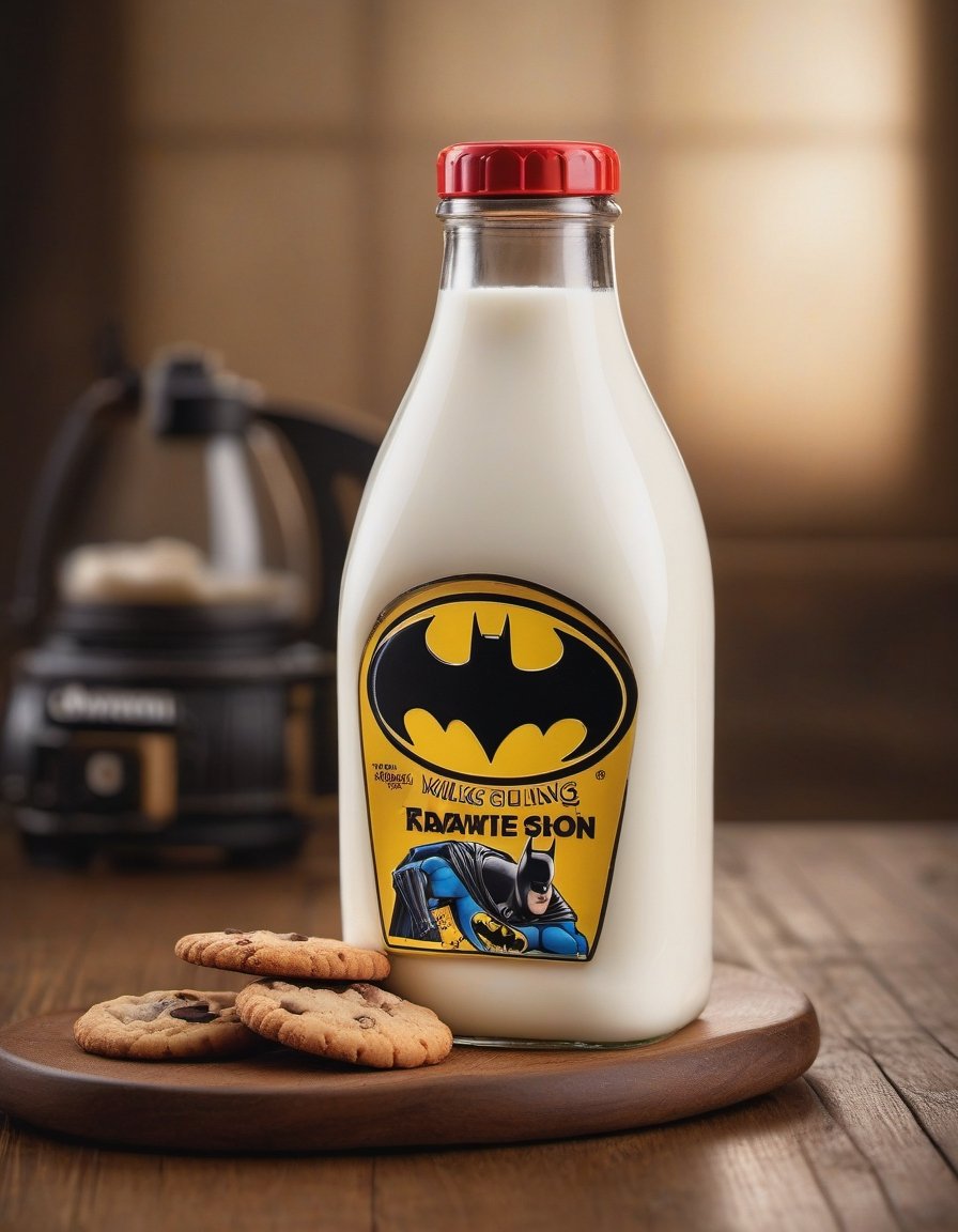 milk ggallon bottle batman brand, resting on a wooden table we can see the betas of the wood, two cookies, hd, 8k, masterpiece, one light, soja, cenital camera, nikon d800, raw, hiperrealism, medium format sensor camera, super prime cinema lens, (((((100mm lens))))), (((filtered light)))

